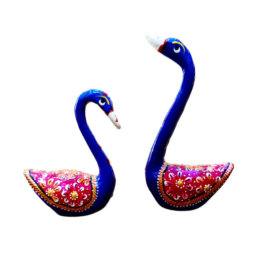 Daneen Metal Blue Plated Large Size Handicraft Kissing Swan Pair | Duck Home Decor Showpiece in Gold Metal