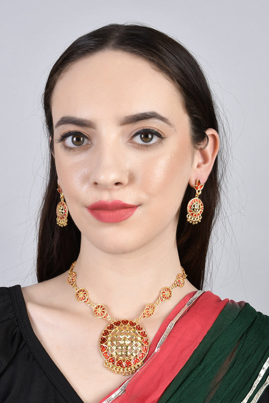 Daneen Copper Gold Plated Stylish Women Assamese Traditional Hatidat Golpata Necklace with Earring | Axomia Gohona Set for Women/Girl's (Red)